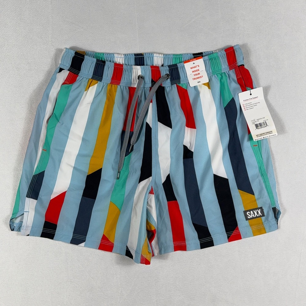SAXX Oh Buoy 2N1 Swim Trunks BallPark Pouch Striped Volley Shorts Size M Multi